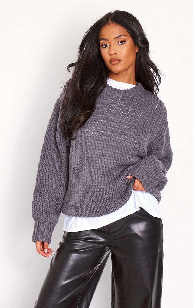 Tall Charcoal Chunky Knit Crew Neck Jumper, Grey