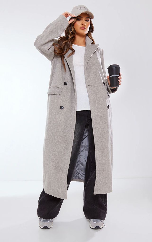 Light Grey Shoulder Padded Double Breasted Brushed Faux Wool Coat, Grey