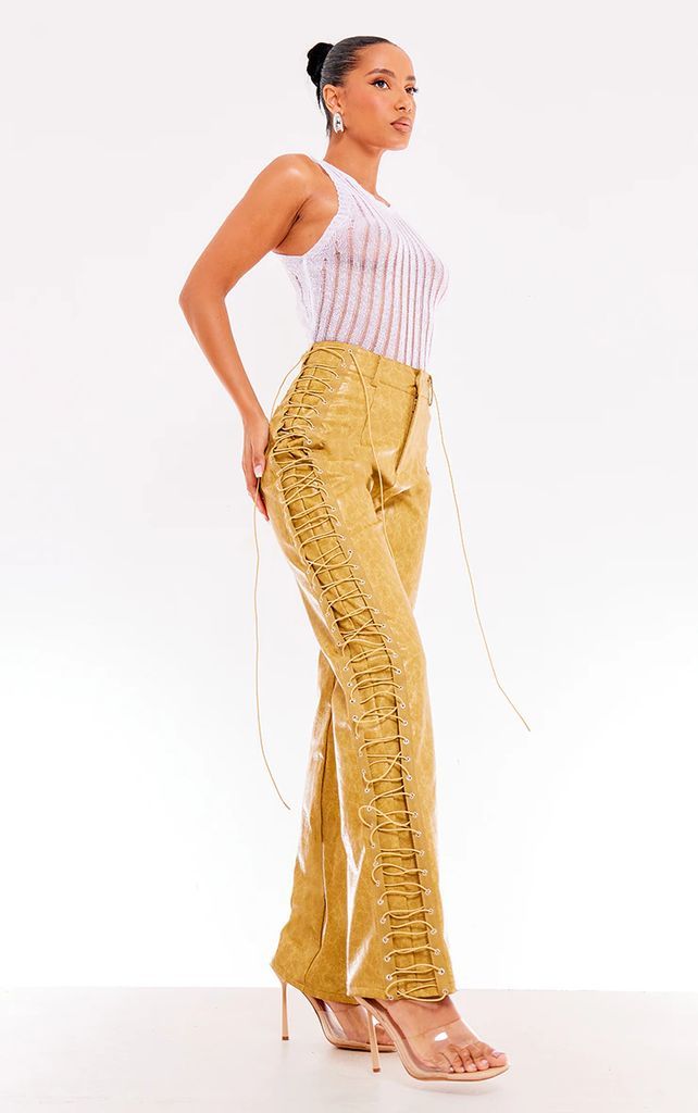 Mustard Washed Faux Leather Lace Up Straight Leg Trouser, Mustard