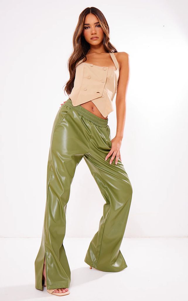 Pale Green Faux Leather Elasticated Waist Straight Leg Trouser, Pale Green