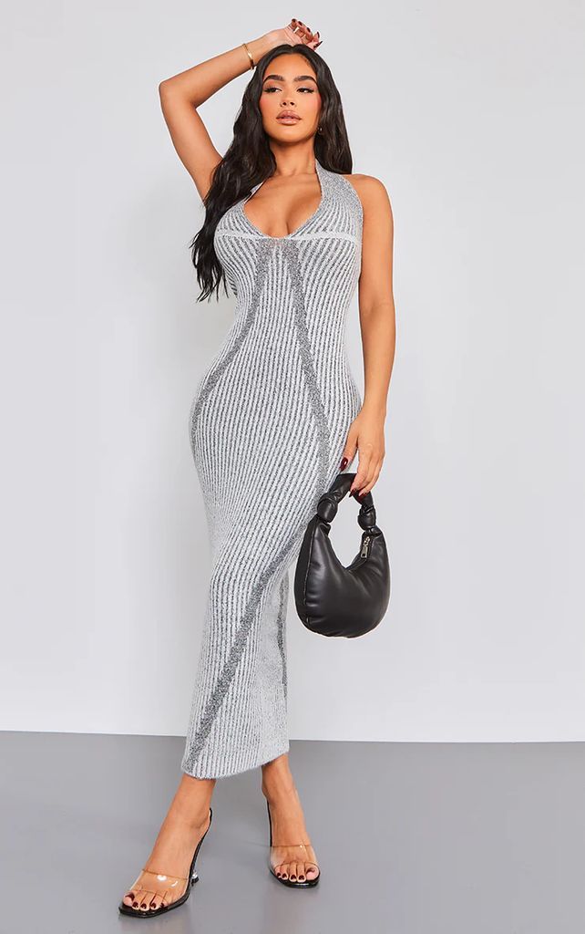 Petite Grey Contrast Knitted Halterneck Midaxi Dress, Grey