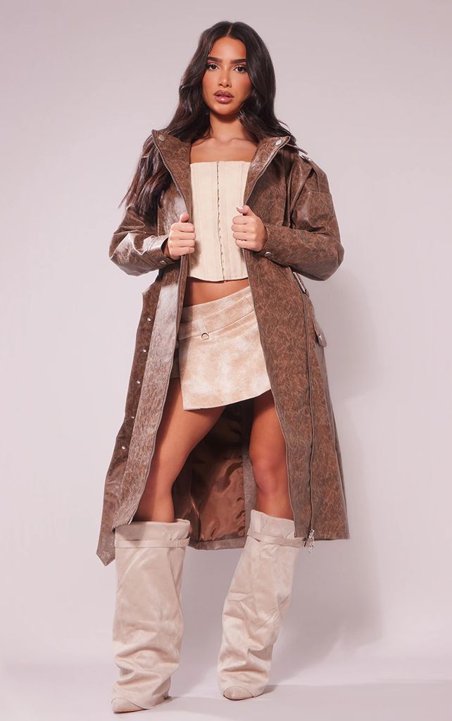 Petite Washed Brown PU Biker Trench Coat, Washed Brown
