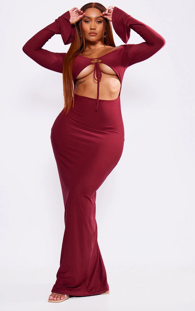 Shape Burgundy Slinky Cut Out Detail Long Sleeve Maxi Dresss, Red