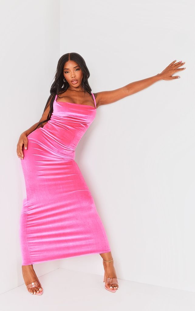 Shape Hot Pink Velvet Strappy Maxi Dress, Hot Pink