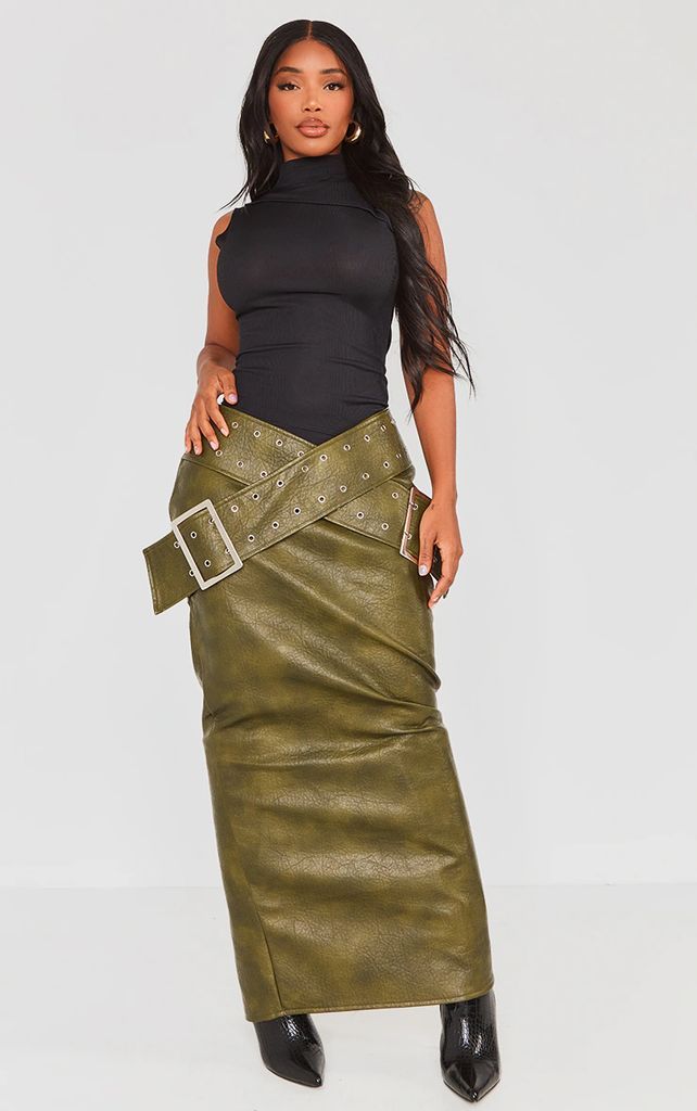 Shape Khaki Washed Effect Faux Leather Belt Detail Maxi Skirt, Green