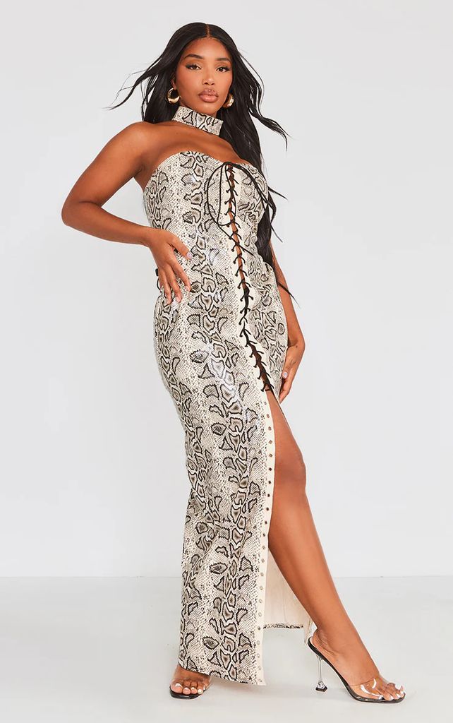 Shape Stone Faux Leather Snake Print Lace Up Front Maxi Dress, White