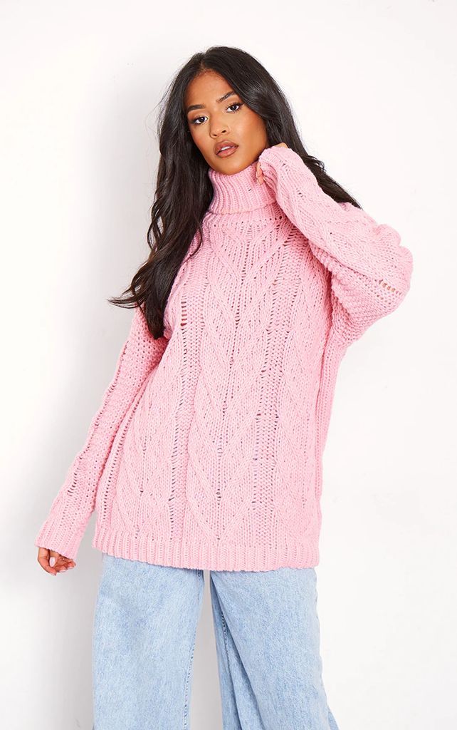 Tall Baby Pink Chunky Cable Knit Turtle Neck Jumper, Pink