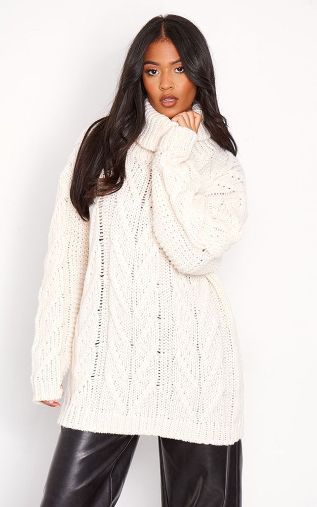 Tall Cream Chunky Cable Knit Turtle Neck Jumper, White
