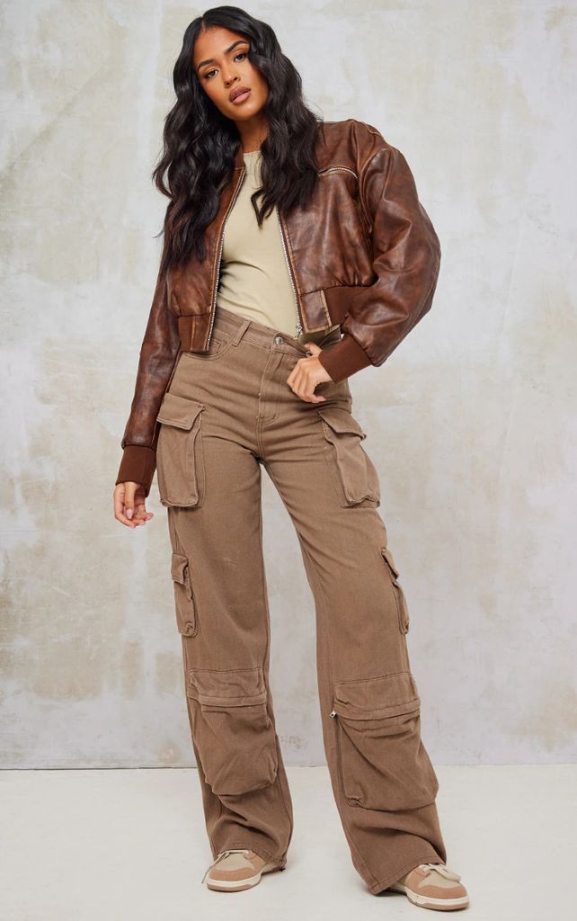 Tall Washed Brown Cargo Pocket Detail Wide Leg Jeans, Washed Brown