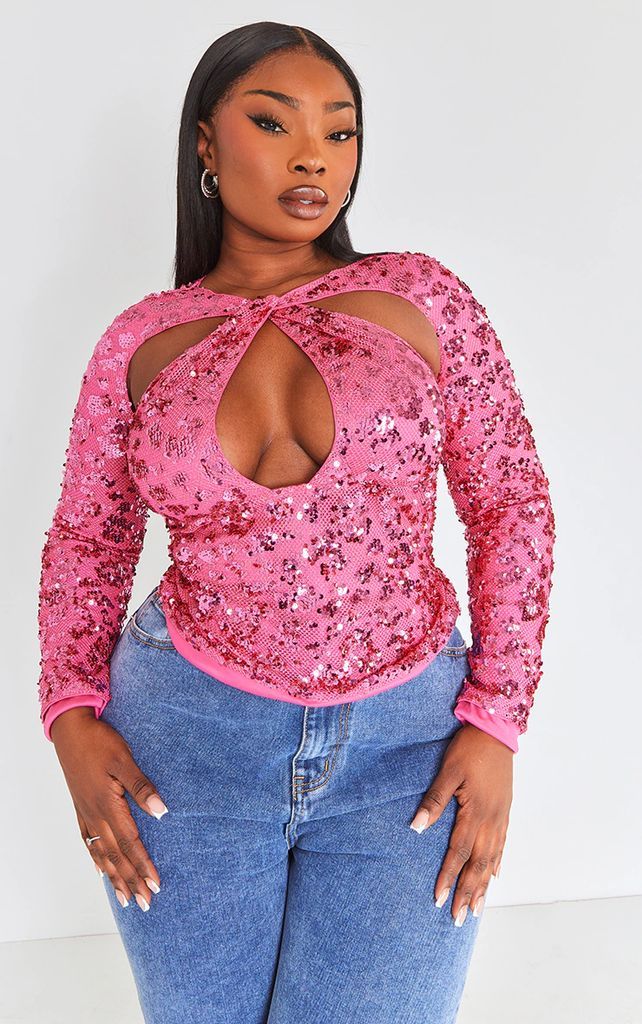 Plus Hot Pink Fishnet Sequin Cut Out Top, Hot Pink