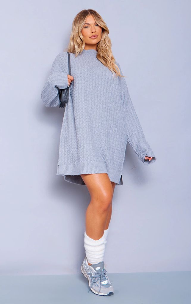 Grey Cable Knitted Jumper Dress, Grey