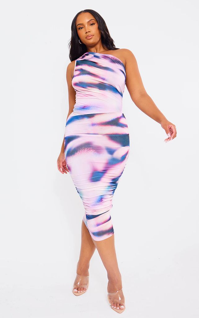 Plus Pink Abstract Slinky Ruched One Shoulder Longline Midi Dress, Pink