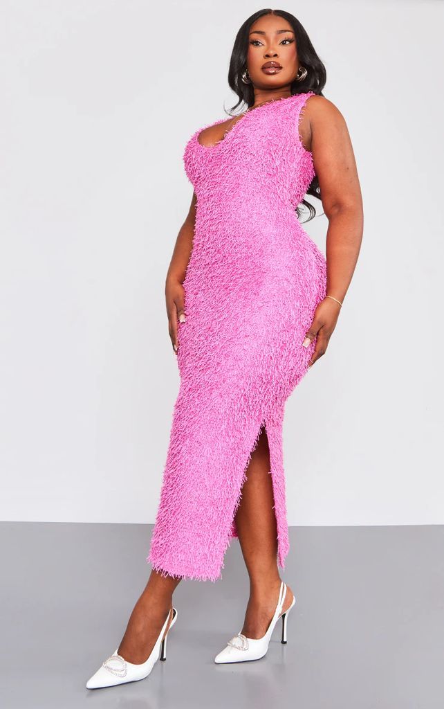 Plus Pink Fluffy Glitter Side Split Back Maxi Dress, Pink