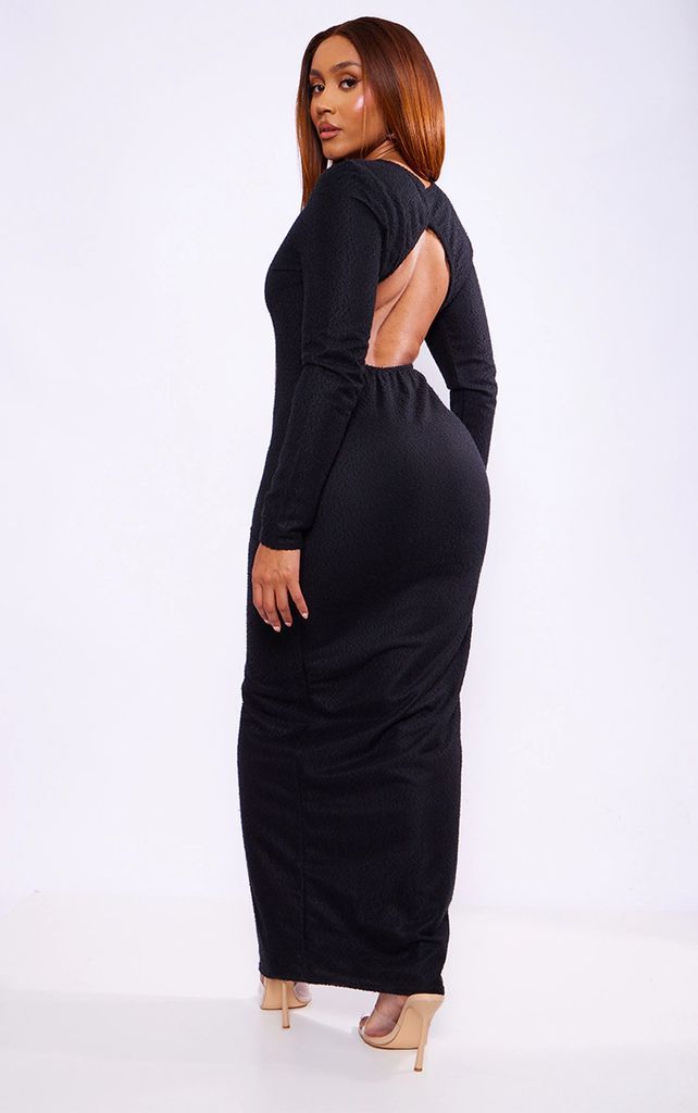 Shape Black Textured Open Back Maxi Dress, Black