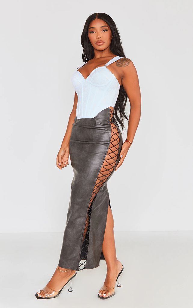 Shape Charcoal Washed Lace Up Side Maxi Skirt, Grey