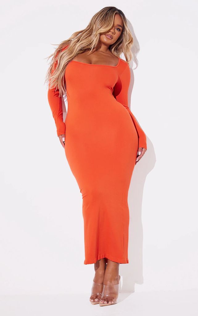 Shape Orange Stretch Seamless Long Sleeve Maxi Dress, Orange