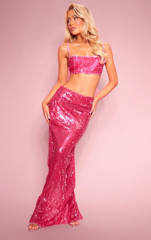 Hot Pink Sheer Sequin High Waist Maxi Skirt, Hot Pink