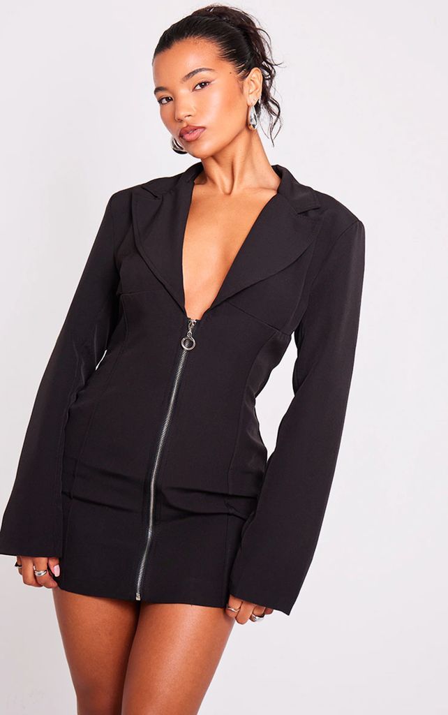 Black Woven Zip Through Corset Detail Blazer Dress, Black