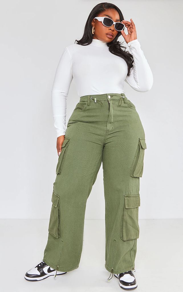 Plus Khaki Cargo Toggle Hem Jeans, Green