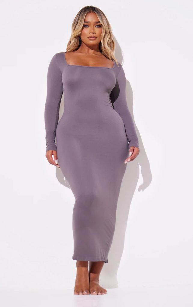 Shape Charcoal Stretch Seamless Long Sleeve Maxi Dress, Grey