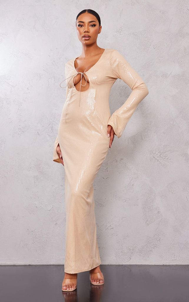 Tall Nude Long Sleeve Sequin Midaxi Dress, Pink