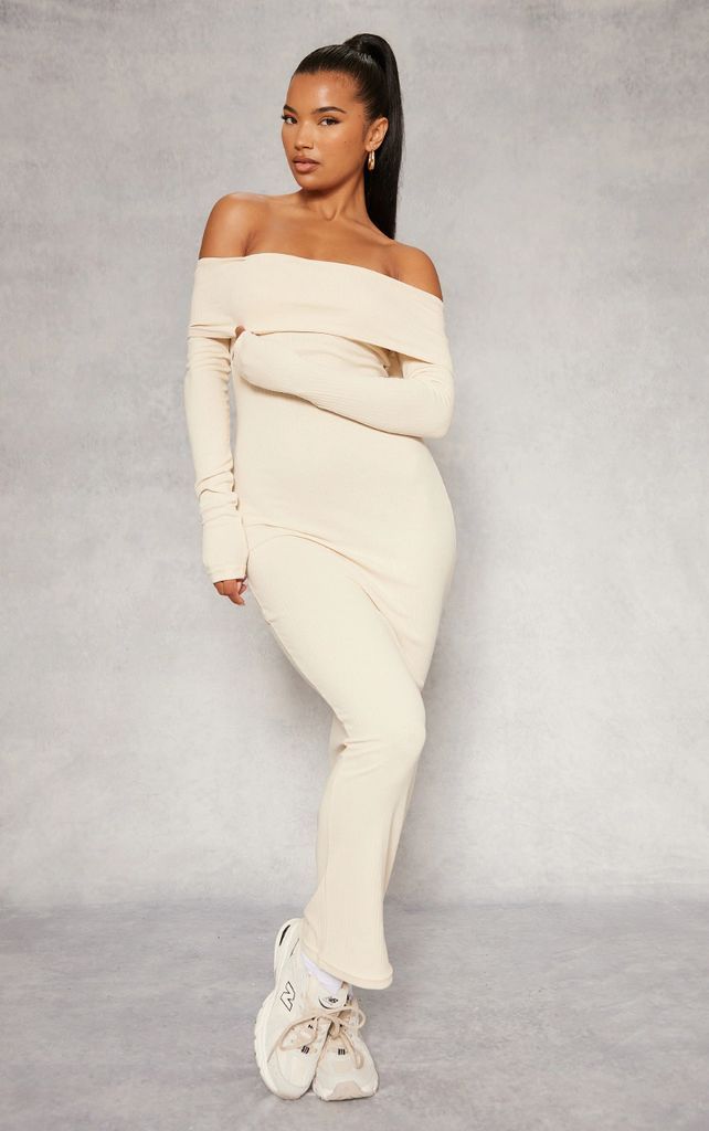 Cream Ribbed Fold Bardot Long Sleeve Maxi Dress, White