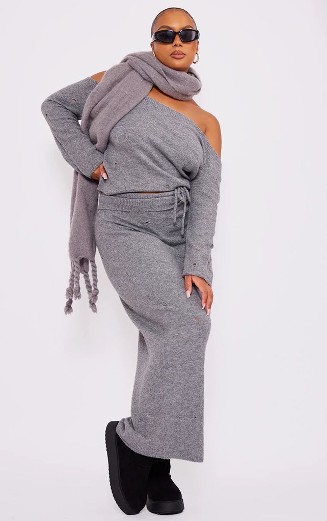 Plus Charcoal Grey Distressed Knit Foldover Waistband Midi Skirt, Charcoal Grey