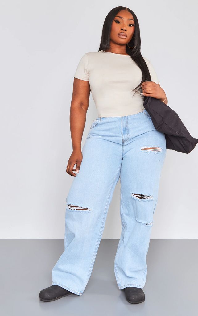 Plus Light Blue Wash Ripped Knee Boyfriend Jeans, Light Blue Wash