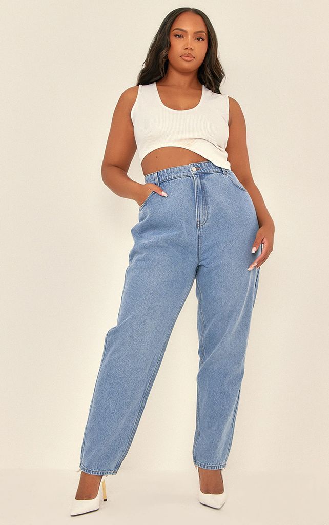 Plus Mid Blue Wash High Rise Mom Jeans, Mid Blue Wash