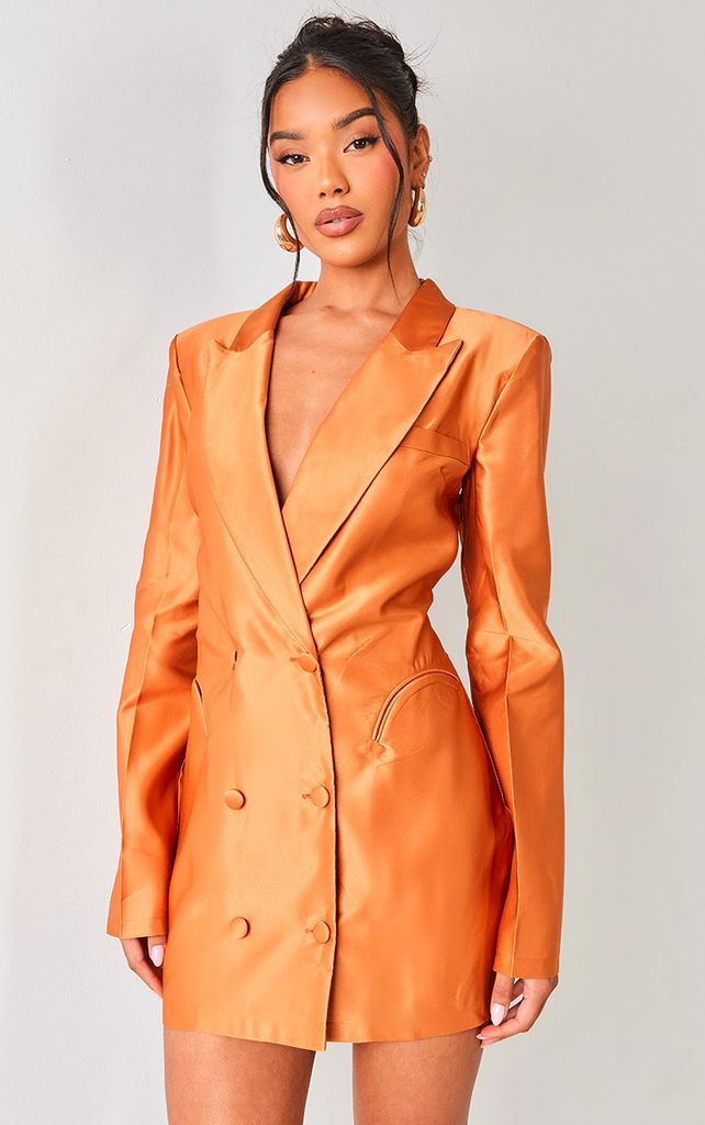 Rust Double Breasted Satin Tailored Blazer Dress, Orange