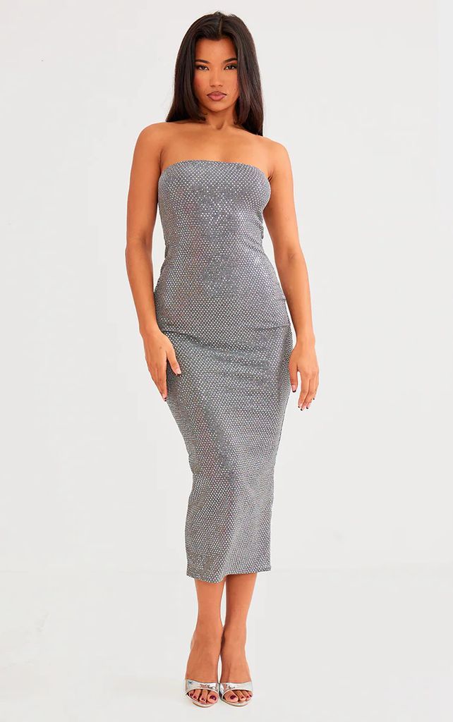 Grey Textured Glitter Bandeau Midaxi Dress, Grey