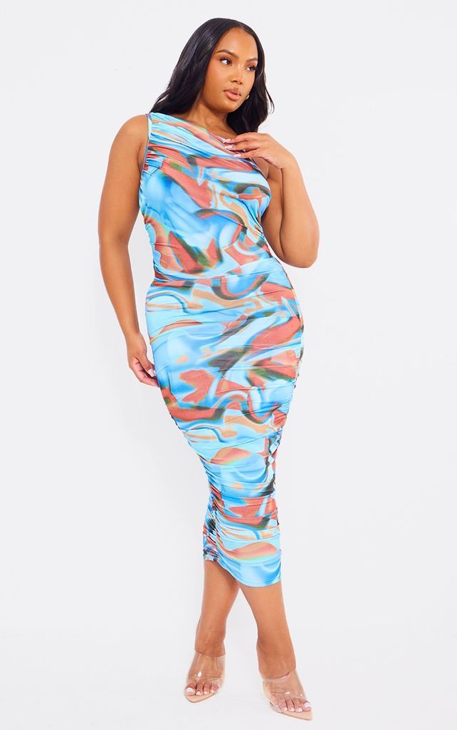 Plus Blue Abstract Slinky Ruched One Shoulder Longline Midi Dress, Blue