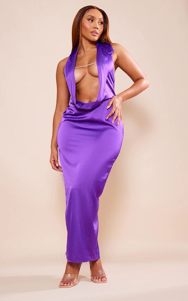 Shape Dark Purple Satin Diamante Trim Halterneck Maxi Dress, Dark Purple