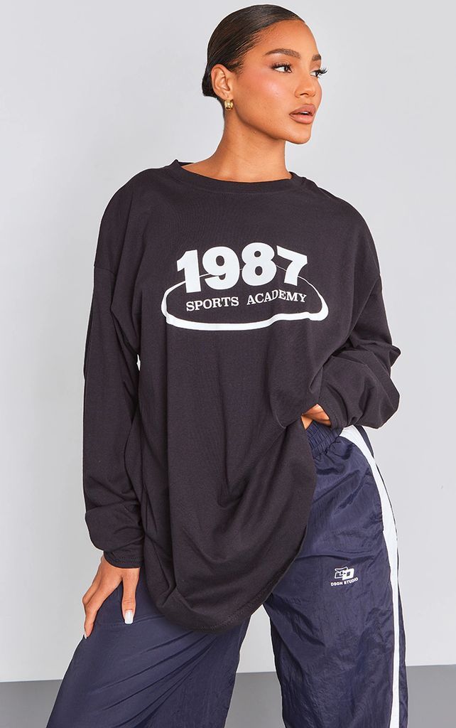 Black 1987 Sports Academy Printed Long Sleeve T Shirt, Black