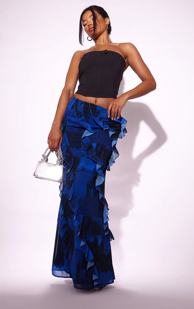 Blue Abstract Print Chiffon Ruffle Detail Maxi Skirt, Blue