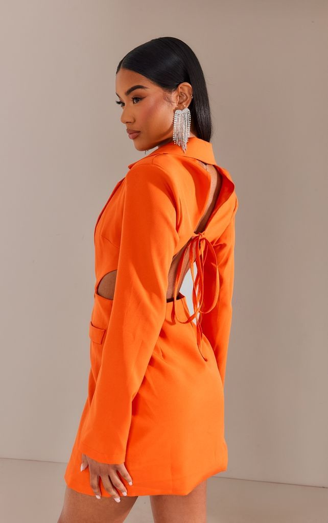 Bright Orange Woven Tie Back Blazer Dress, Bright Orange