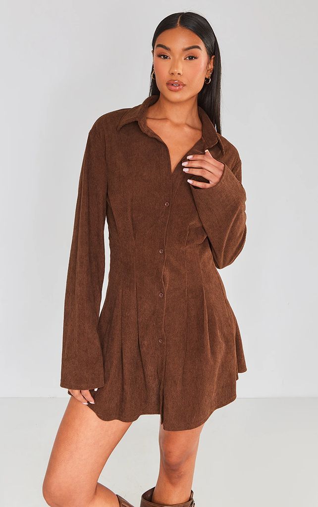 Chocolate Cord Flared Sleeve Button Shift Dress, Chocolate