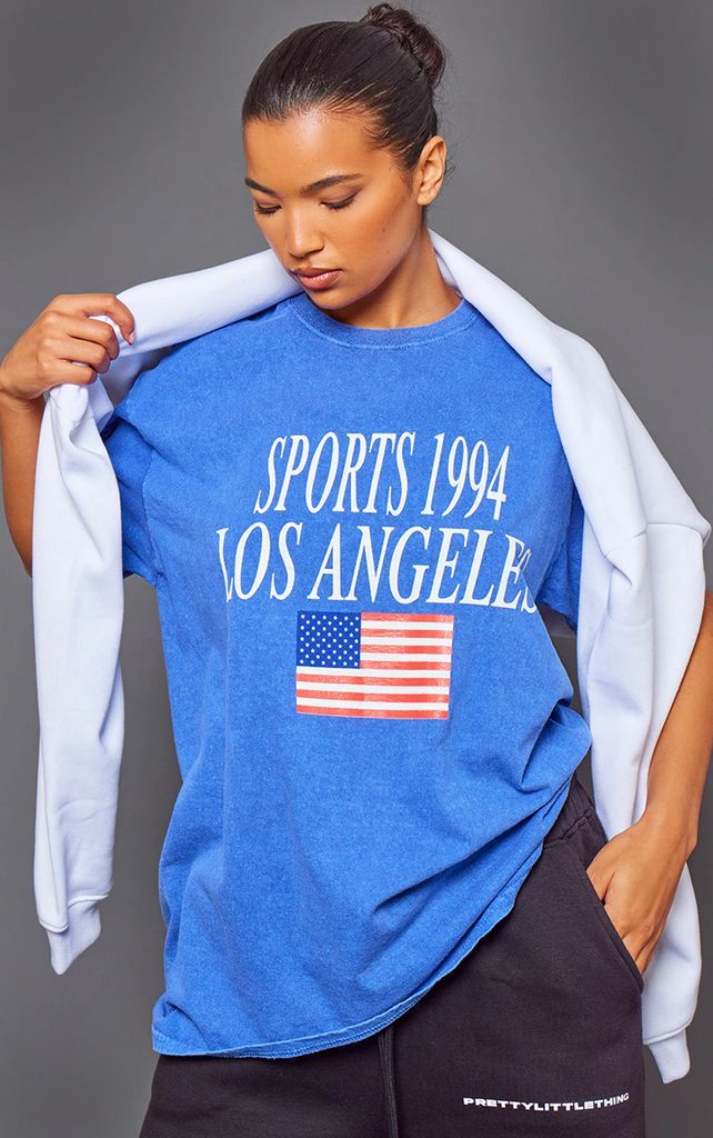 Navy Sports Los Angeles Printed Oversized T Shirt, Blue