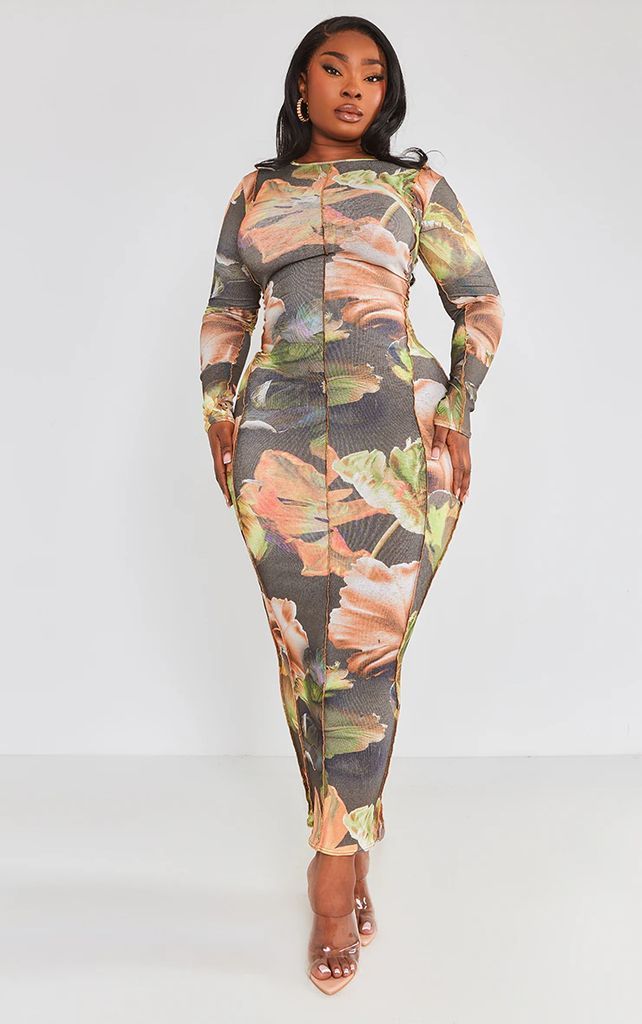 Plus Khaki Multi Floral Print Overlock Detail Long Sleeve Maxi Dress, Green