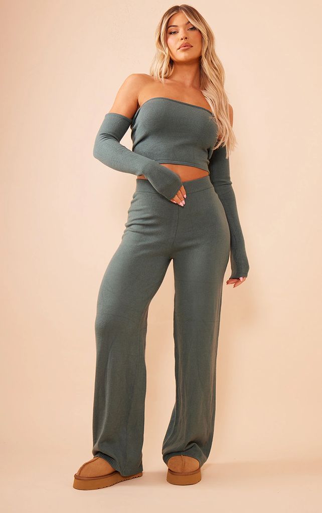 Sage Green Knitted Wide Leg Trousers, Sage Green