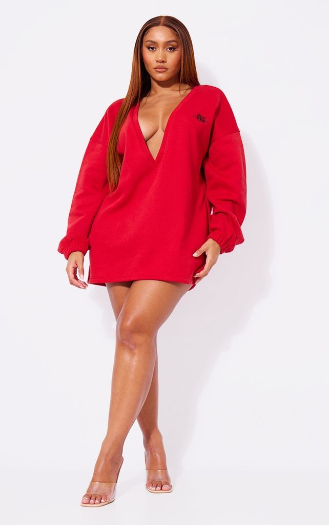 Shape Cherry Red Embroidered Plunge Sweater Dress, Cherry Red