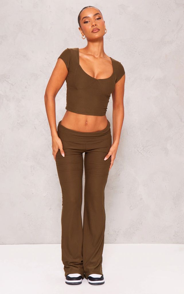 Khaki Soft Touch Low Rise Fold Over Waistband Flared Trousers, Green