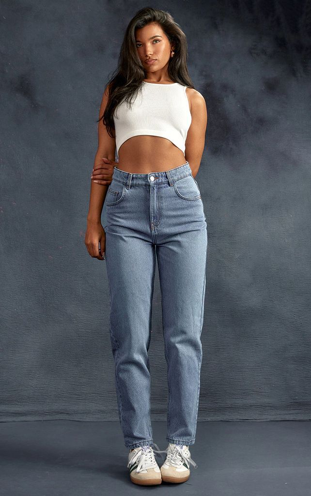 Mid Blue Wash High Rise Mom Jeans, Mid Blue Wash