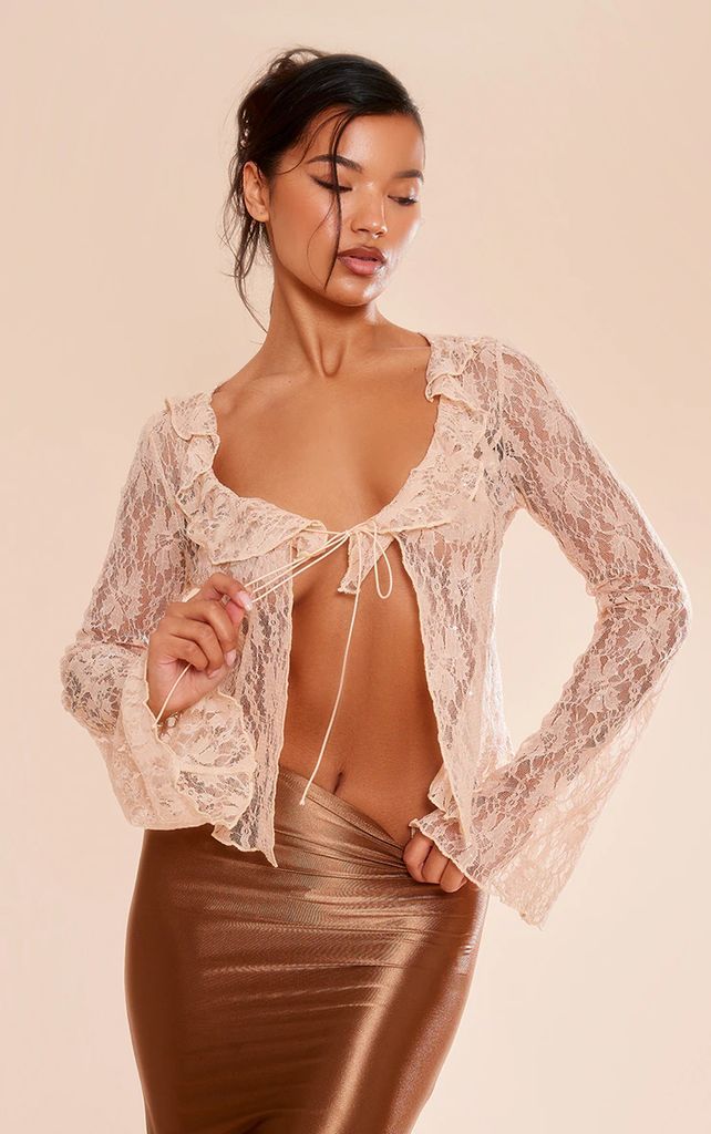 Nude Lace Sequin Frill Tie Front Blouse, Pink