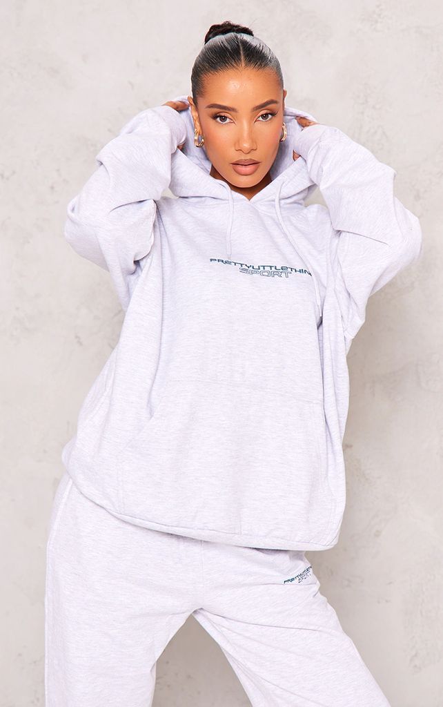 PLT SPORT Ash Grey Bold Embroidered Oversized Hoodie, Ash Grey