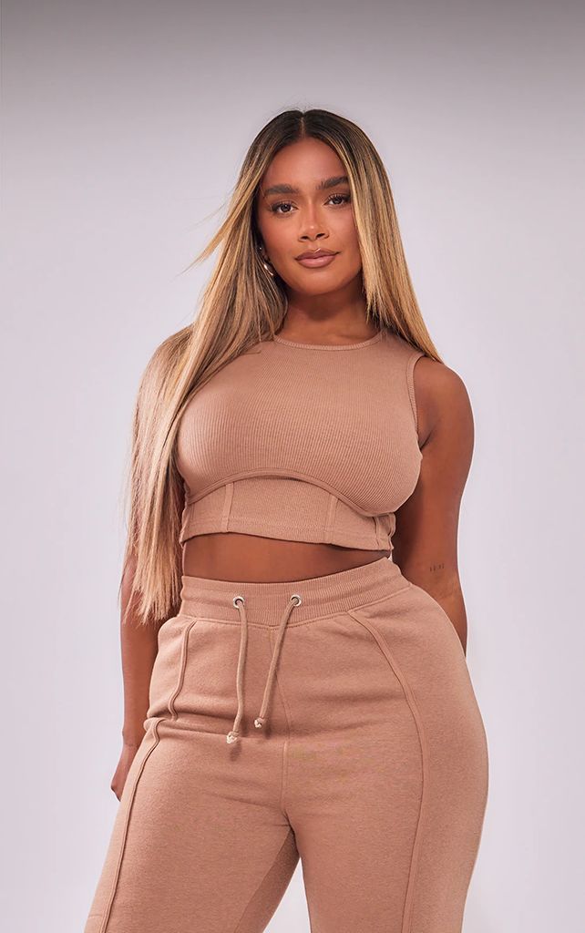 Shape Mocha Thick Ribbed Under Bust Binded Crop Top, Brown