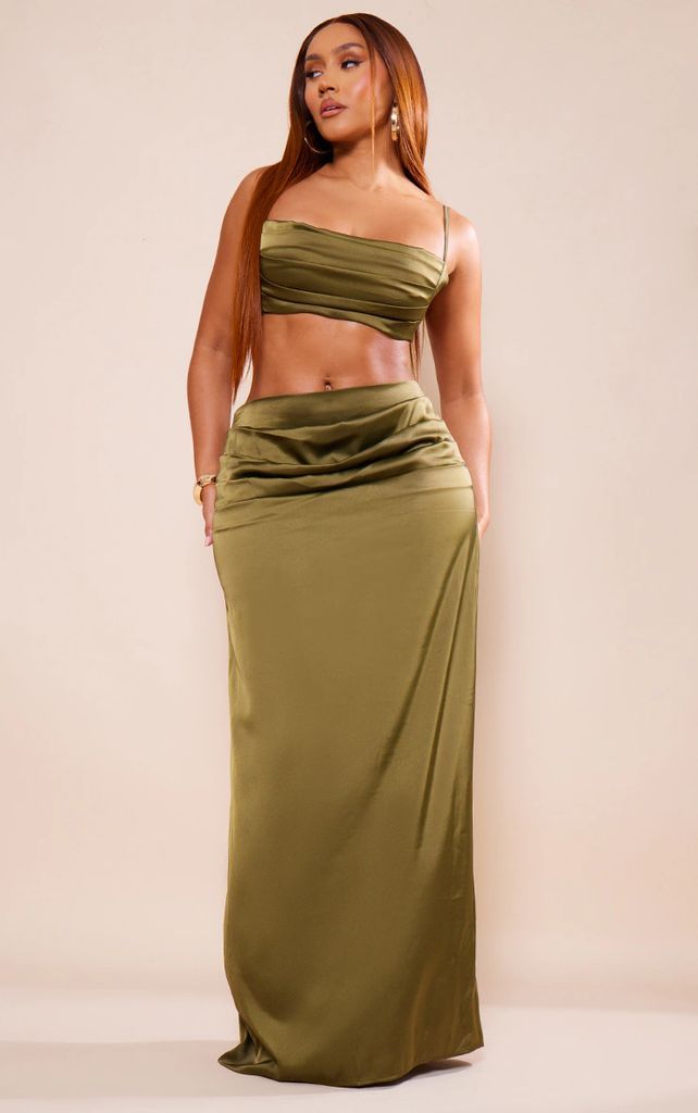 Shape Olive Satin Drape Detail Maxi Skirt, Green