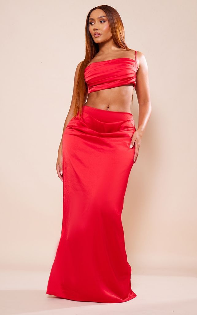 Shape Red Satin Drape Detail Maxi Skirt, Red
