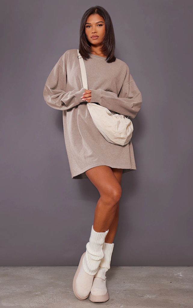 Taupe Oversized Sweat Long Sleeve Jumper Dress, Brown