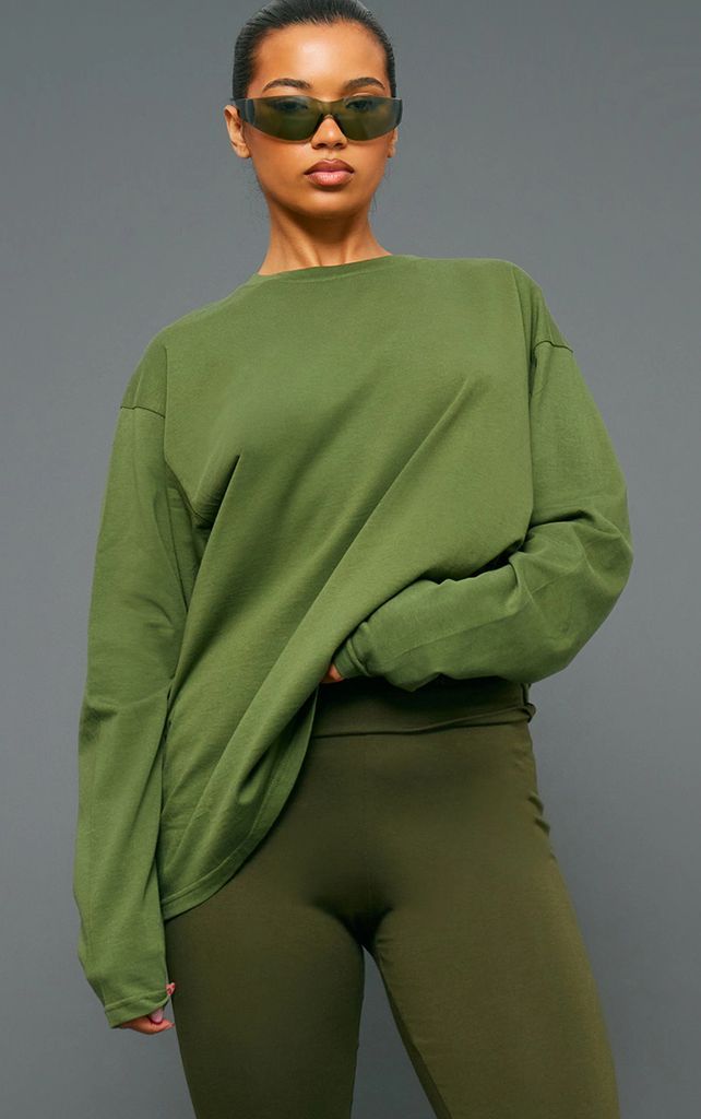 Khaki Cotton Oversized Long Sleeve T-shirt, Green